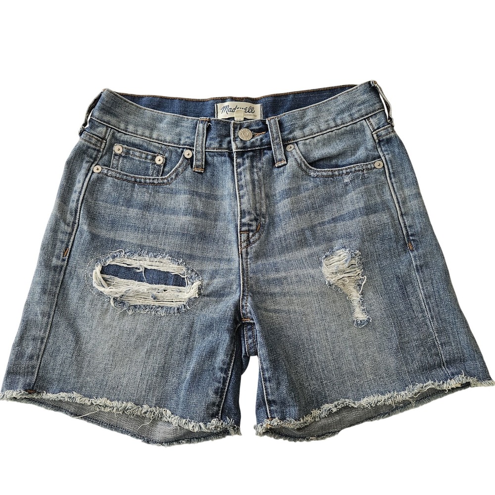 Madewell Rip and Repair Mid Rise Distressed Denim Boyfriend Shorts Sz 24 Relaxed